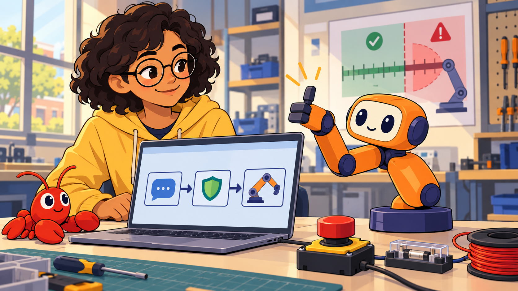 Maya and Servo test a safe chat-to-shield-to-robot-arm control chain