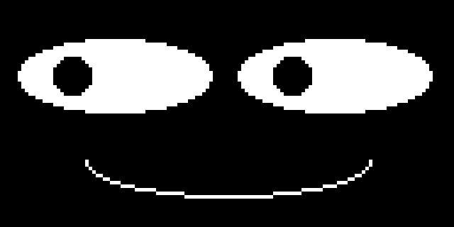 OLED face with both pupils shifted left inside wide white eyes, above a curved smile