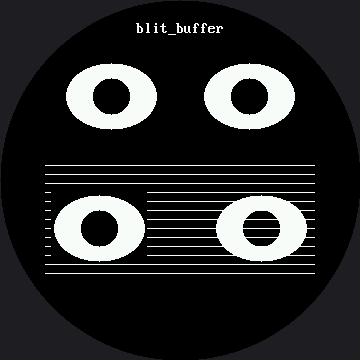 The caption blit_buffer at the top of a round black screen, two identical white eyes stamped side by side beneath it, and below them a band of horizontal stripes where the left eye sits inside a solid black rectangle that blocks the stripes while the right eye lets the stripes run through the space around it