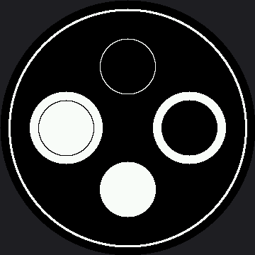 Four circles arranged in a diamond inside a thin outer ring: an outline circle at top, a filled white circle at bottom, and on the left and right white discs — one with a black outline traced inside it, one with a black circle filled into it, leaving a white ring