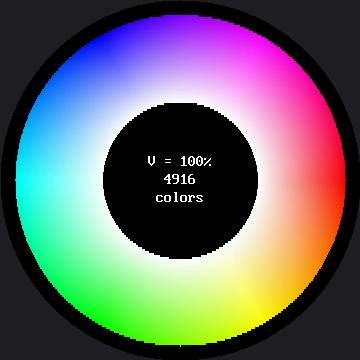 A full-color hue ring filling most of the round screen, colors sliding continuously from blue at the top through magenta, red, orange and yellow at the bottom, around to green and cyan, with a black hole at the center holding the caption V = 100%, 4916, colors