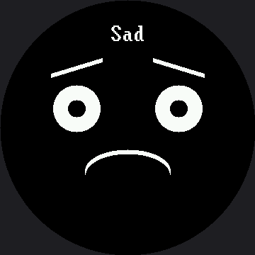 The word Sad in bold letters at the top of the circle, above a sad face with straight eyebrows angled up at their inner corners, round white eyes with dark pupils, and a downward-curving frown