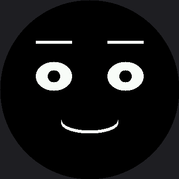 A face in white on black, with two flat raised eyebrows, round eyes each with a dark pupil hole, and a gentle upward-curving smile