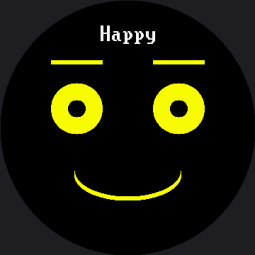 The word Happy in white at the top of the circle above a yellow face: two yellow eyebrows, two yellow eyes with dark pupils, and a wide yellow smile