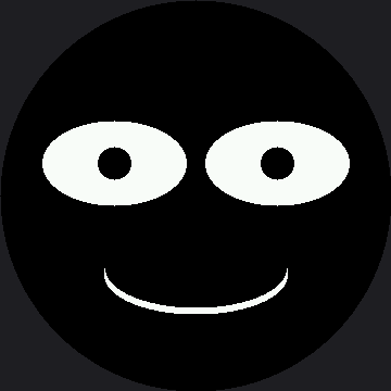 Round color screen showing two white eyes with pupils shifted left, above a curved white smile