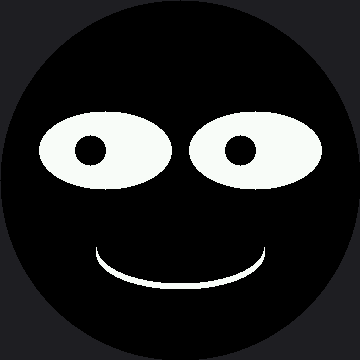 Two white eyes with dark pupils and a curved smile on a round black screen