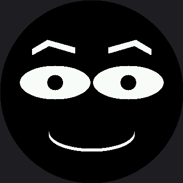 A face with two thick eyebrows angled into a peak above the inner corner of each eye, two wide oval eyes with round dark pupils, and a curved smile below