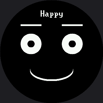 The word Happy in white at the top of the circle above a white face: flat eyebrows, round eyes with dark pupils, and a wide curved smile
