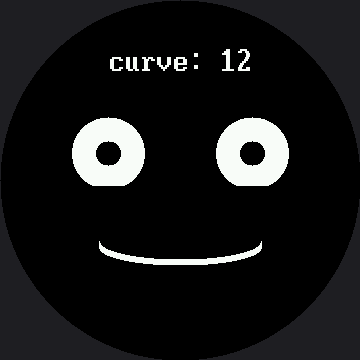 The readout curve: 12 at the top of the circle, above a face with two round white eyes with dark pupils and a shallow upward-curving smile