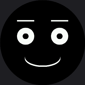 A happy robot face on a round black screen: two flat white eyebrows above two round white eyes with dark pupils, and a wide upward-curving smile below them