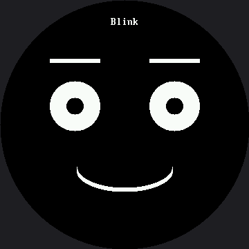 The word Blink near the top of the circle above a face with flat eyebrows, open round eyes with dark pupils, and a smile