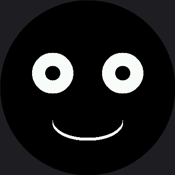 A face with two round white eyes, each with a dark circular pupil punched out of its center, above a thin curved smile