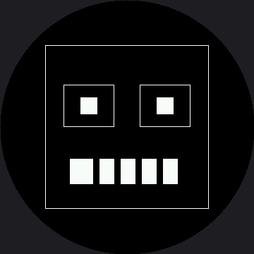 A square border containing a blocky robot face: two square eye sockets each holding a small filled square pupil, and below them a wide white mouth bar broken into five teeth by black gaps