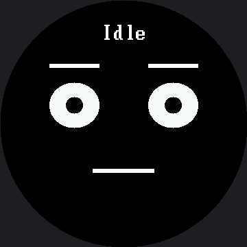 The word Idle at the top of the circle above a neutral face with flat eyebrows, round eyes with dark pupils, and a flat horizontal mouth
