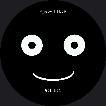 A face with round eyes and a smile, the readout fps:0 hit:0 in small text at the top of the circle, and A:1 B:1 in small text at the bottom
