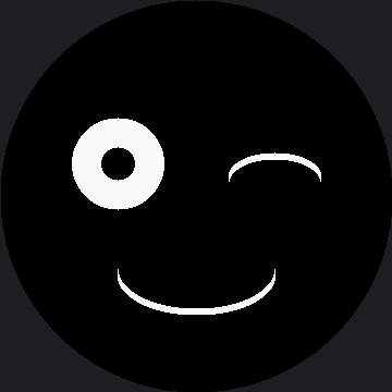 A face with the left eye open as a white circle with a dark pupil, the right eye closed into a curved arc, and a wide smile below
