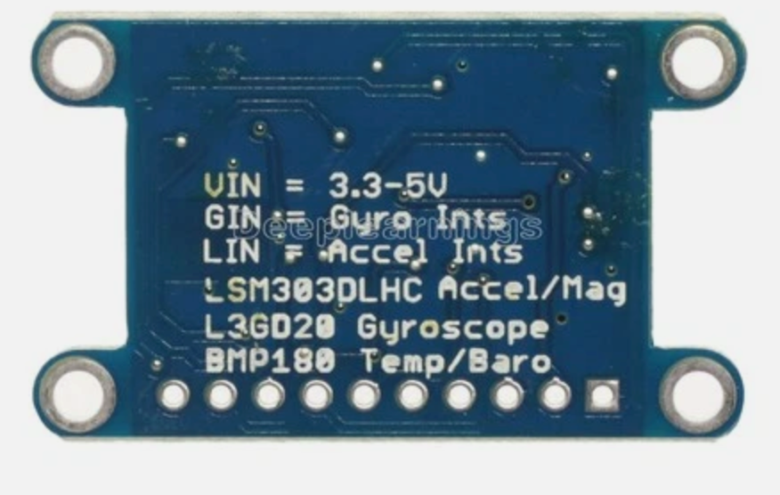 Back of the 9-DOF IMU module, listing the chips and the meaning of the GIN/LIN pin prefixes