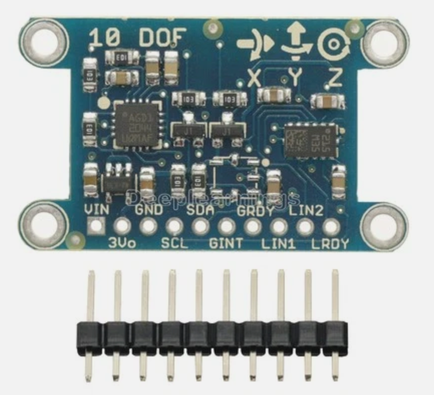 Top of the 9-DOF IMU module, showing its X/Y/Z axis markings and ten silkscreen-labeled pins