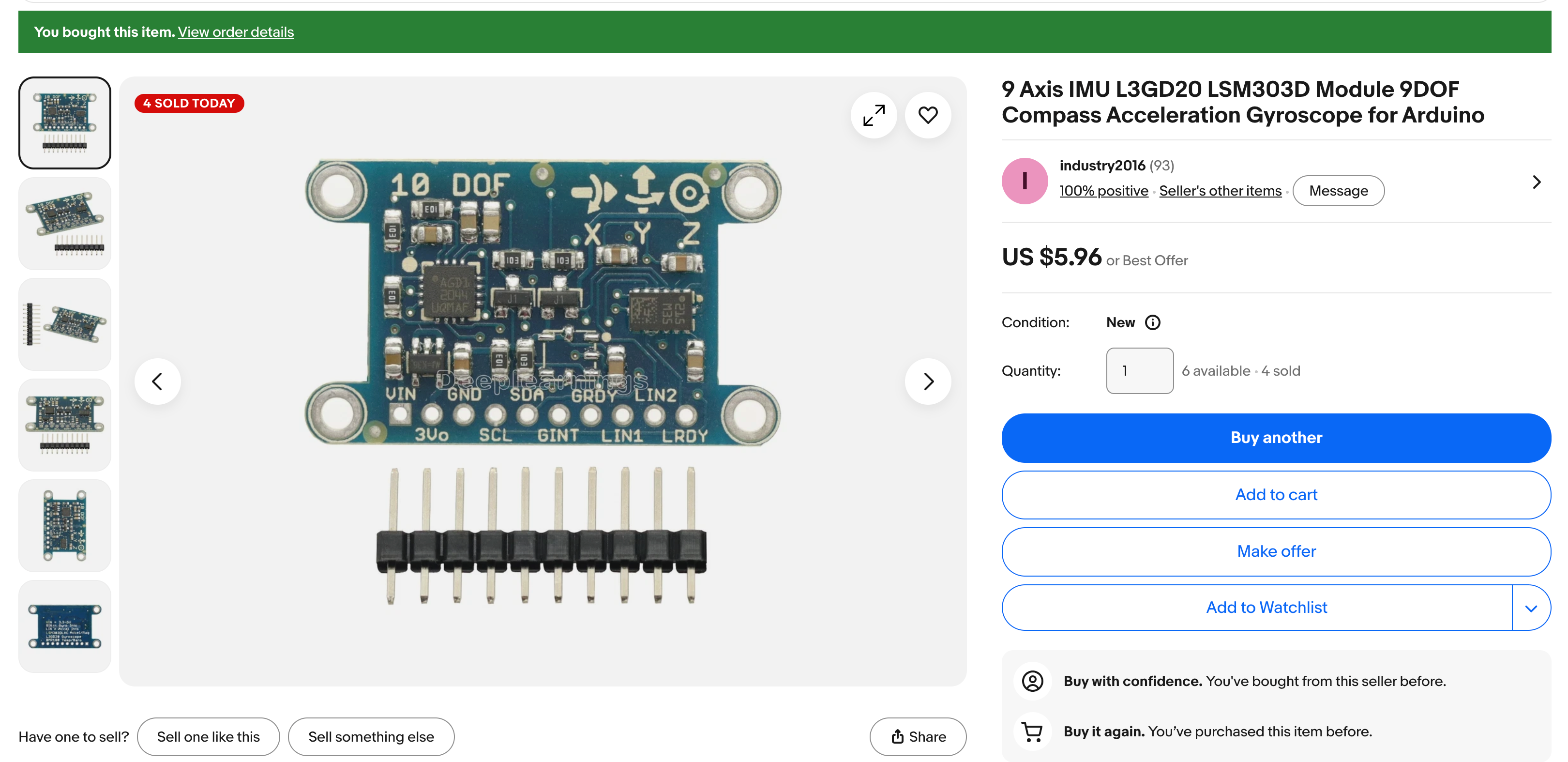 9-axis IMU module: L3GD20 gyroscope + LSM303D accelerometer/magnetometer, purchased for $5.96