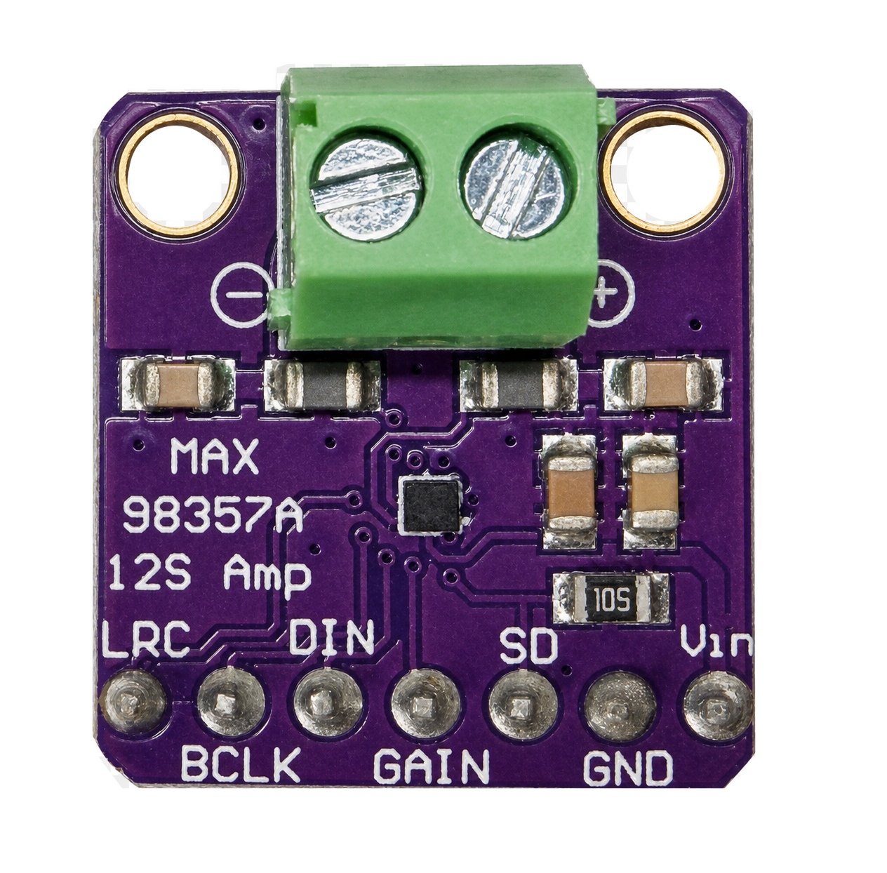 Photo of the MAX98357A I2S amplifier breakout board, showing the green speaker screw terminal, the black amplifier chip, and the seven-pin header along the bottom edge