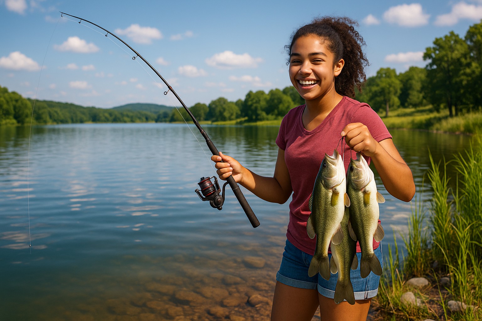 happy girl fishing
