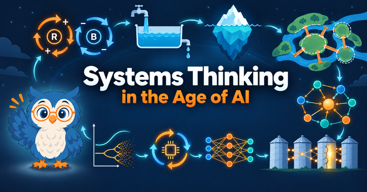 Systems Thinking in the Age of AI book cover with Sage the Owl and connected systems diagrams